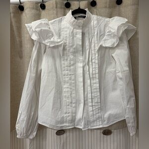 Zara White Ruffle Shoulder Blouse